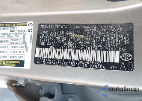 2006 Toyota Corolla Le from USA, damaged, VIN 2T1BR32E36C586426